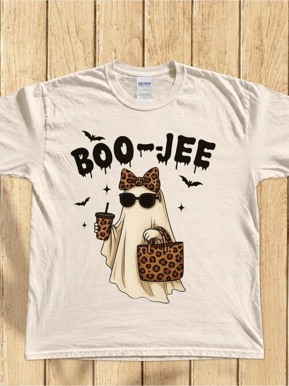 Gildan Cream "Boo-Jeé" Leopard Ghost Graphic Tee